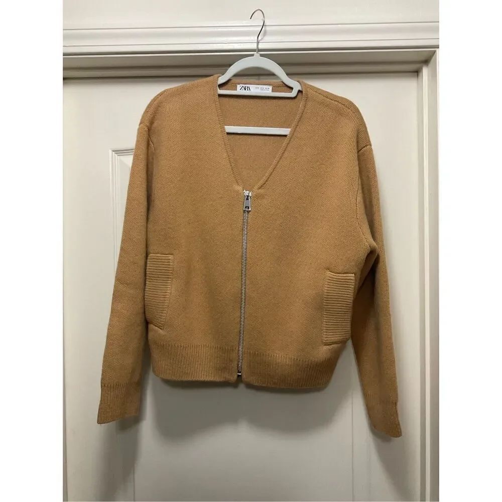 Wool Zara Camel Colored Wool Varsity Style Zipped Cardigan (Size S)